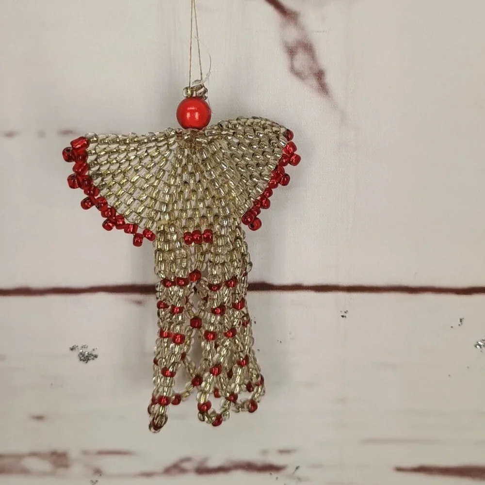 Handcrafted Beaded‎ Angel Ornament With Gold & Red Glass Beads